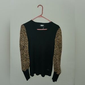 Women's Black, Ribbed Blouse With Cheetah Sleeves